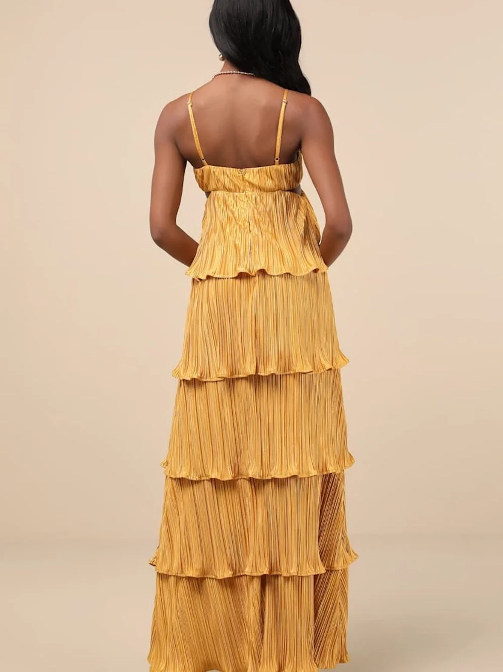 Lulu's Women’s Marigold Tiered Pleated Maxi Wedding Guest Dress Small - Picture 2 of 15